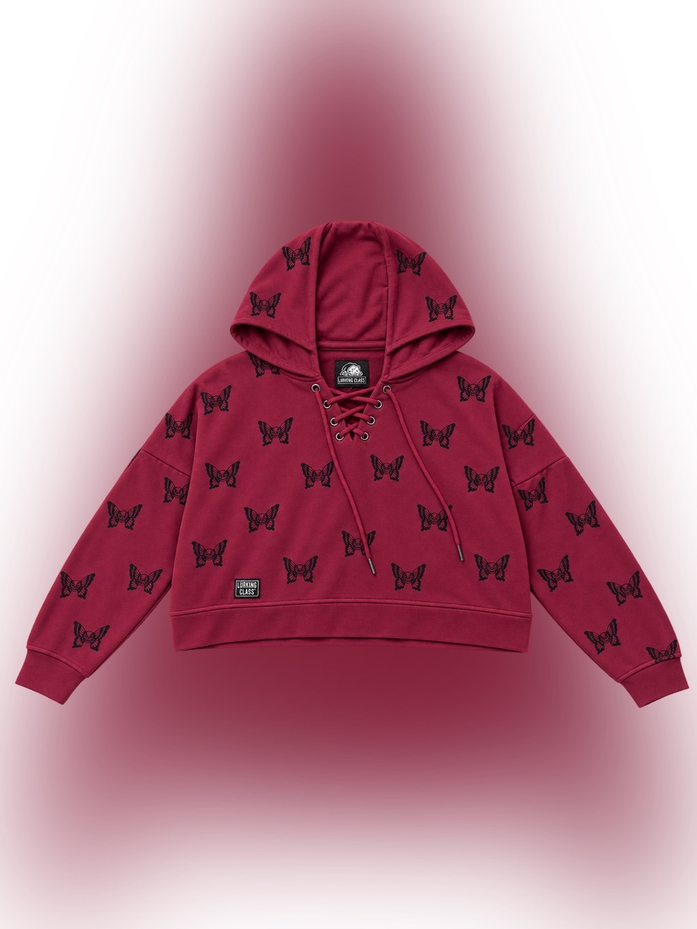 Lace-Up Hooded Crewneck Sweater with Butterfly Print - Burgundy